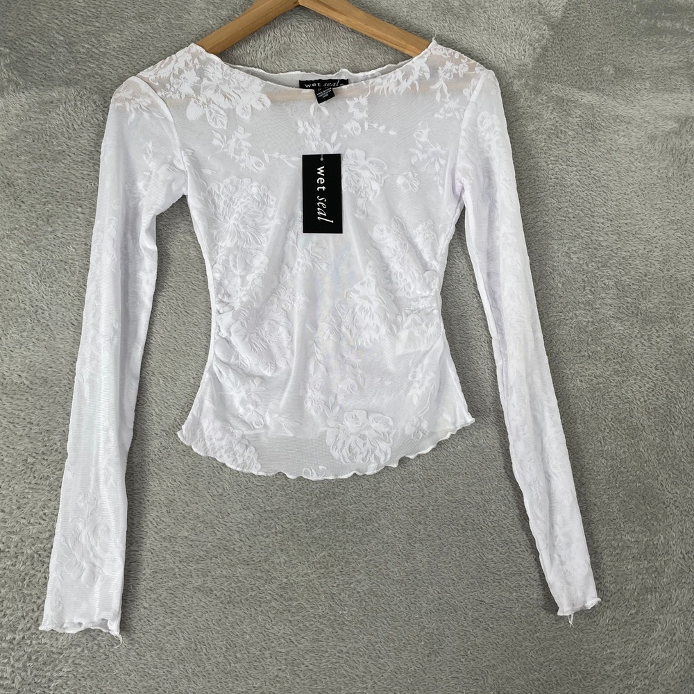 Wet Seal Shirt Womens XS White Floral Lace Mesh Y2K Sheer Lettuce Trim Fairycore